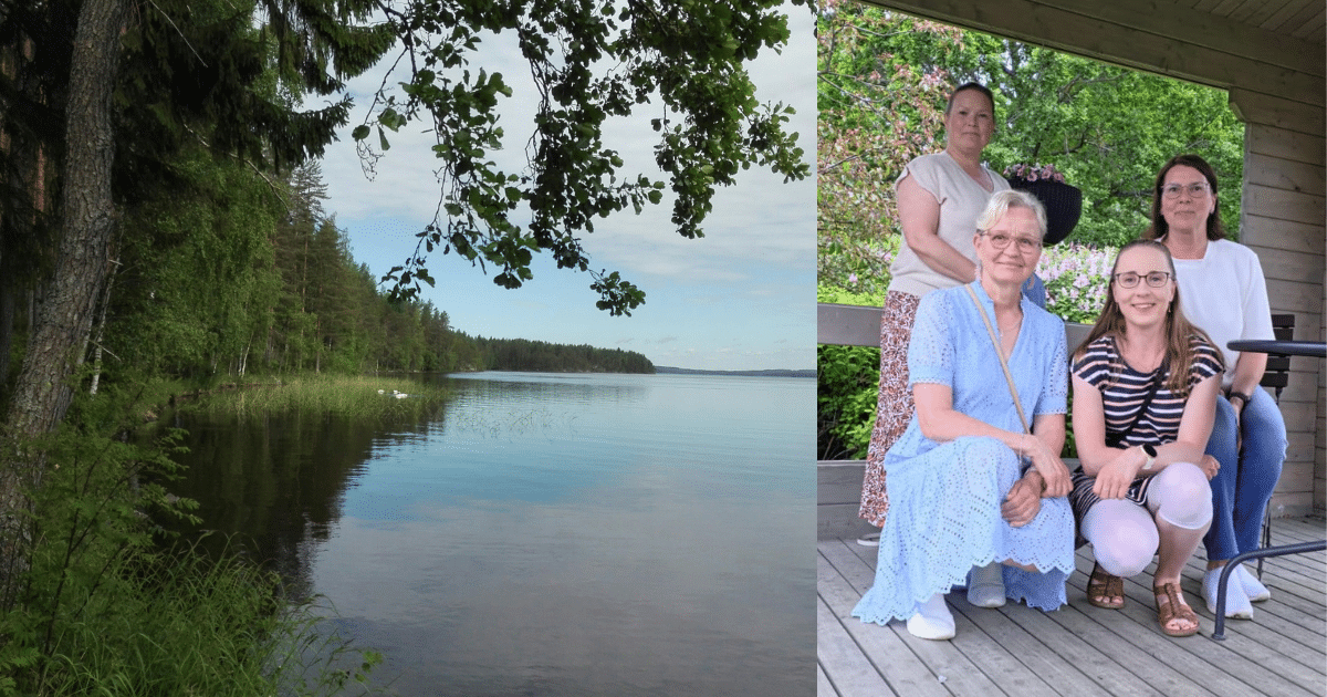 neljä työntekijää ryhmäkuvassa, järvimaisema