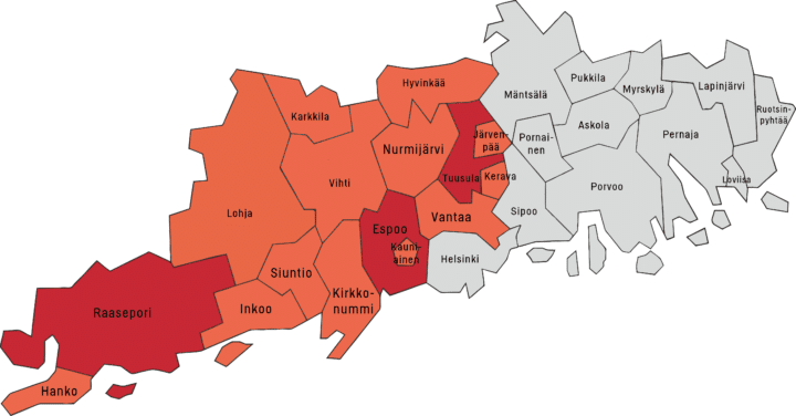 Kuvassa on Uudenmaan kartta ja siihen on värillä merkitty kunnat, jotka kuuluvat Uudenmaan Muistiluotsin toiminta-alueeseen, eli Espoo, Vantaa, Kauniainen, Kirkkonummi, Siuntio, Inkoo, Raasepori, Hanko, Lohja, Karkkila, Vihti, Nurmijärvi, Hyvinkää, Tuusula, Järvenpää ja Kerava. Punaisella on merkattu kunnat, joissa on Uudenmaan Muistiluotsin toimisto, eli Espoo, Raasepori ja Tuusula ja muut kunnat on merkattu oranssilla.