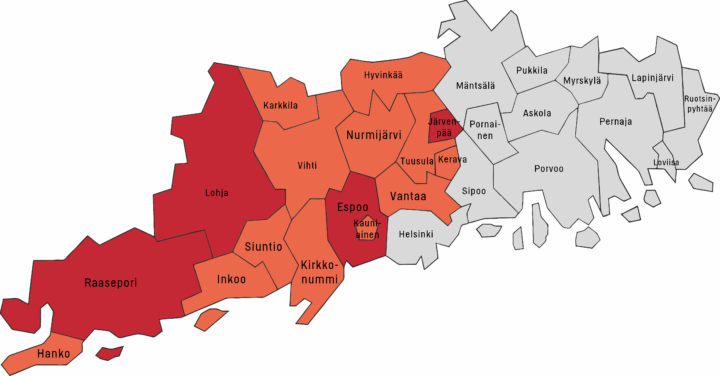 Uudenmaan kartta, jossa Uudenmaan Muistiluotsin alue on värjätty punaisella ja oranssilla. Uudenmaan Muistiluotsin alueeseen kuuluvat Espoo, Kauniainen, Vantaa, Kerava, Järvenpää, Nurmijärvi, Hyvinkää, Tuusula, Lohja, Vihti, Karkkila, Kirkkonummi, Siuntio, Hanko, Raasepori ja Inkoo. 