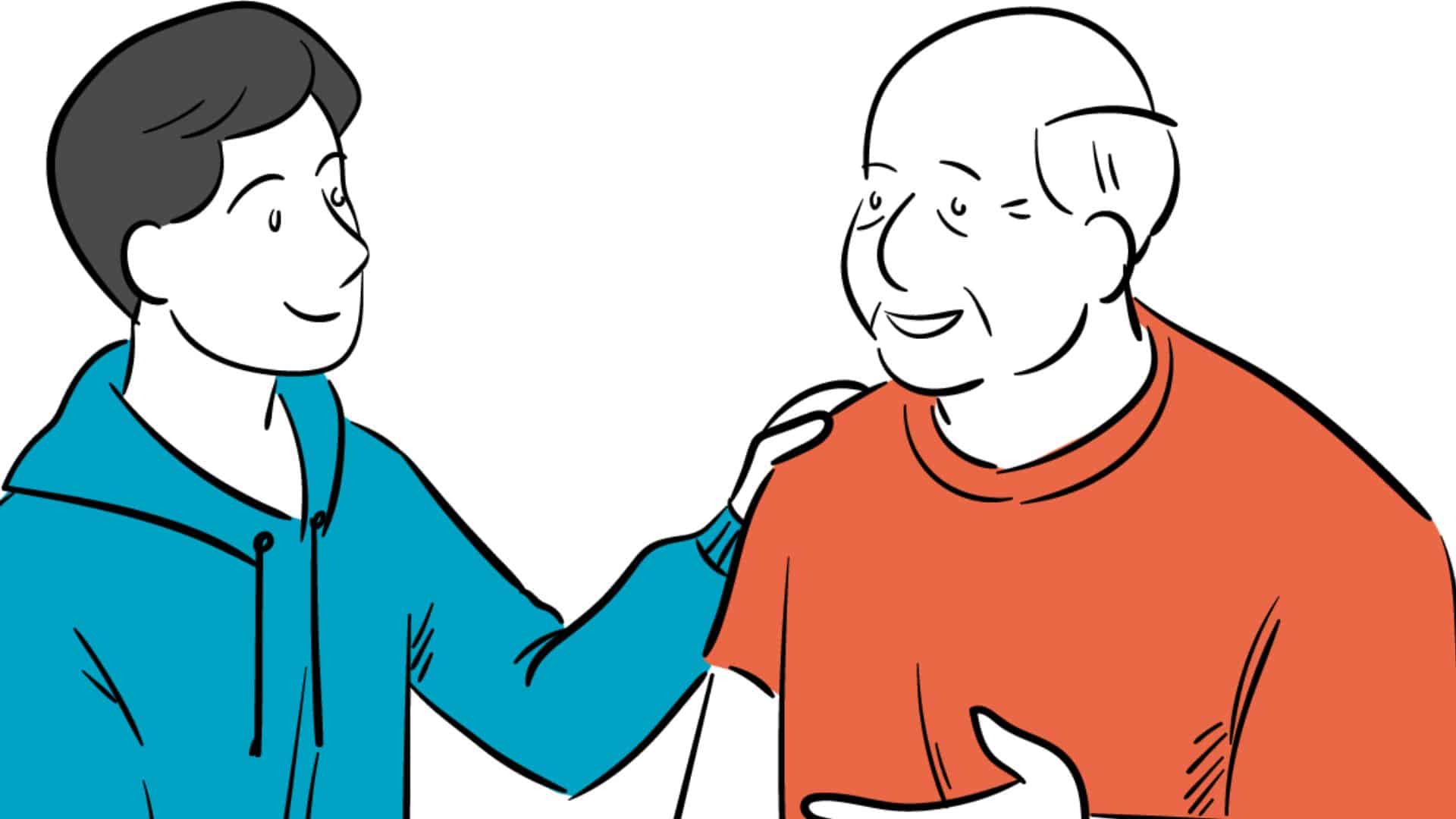 Hymyilevä mies sinisessä hupparissa pitää kättä oranssipaitaisen iäkkään miehen hartialla.