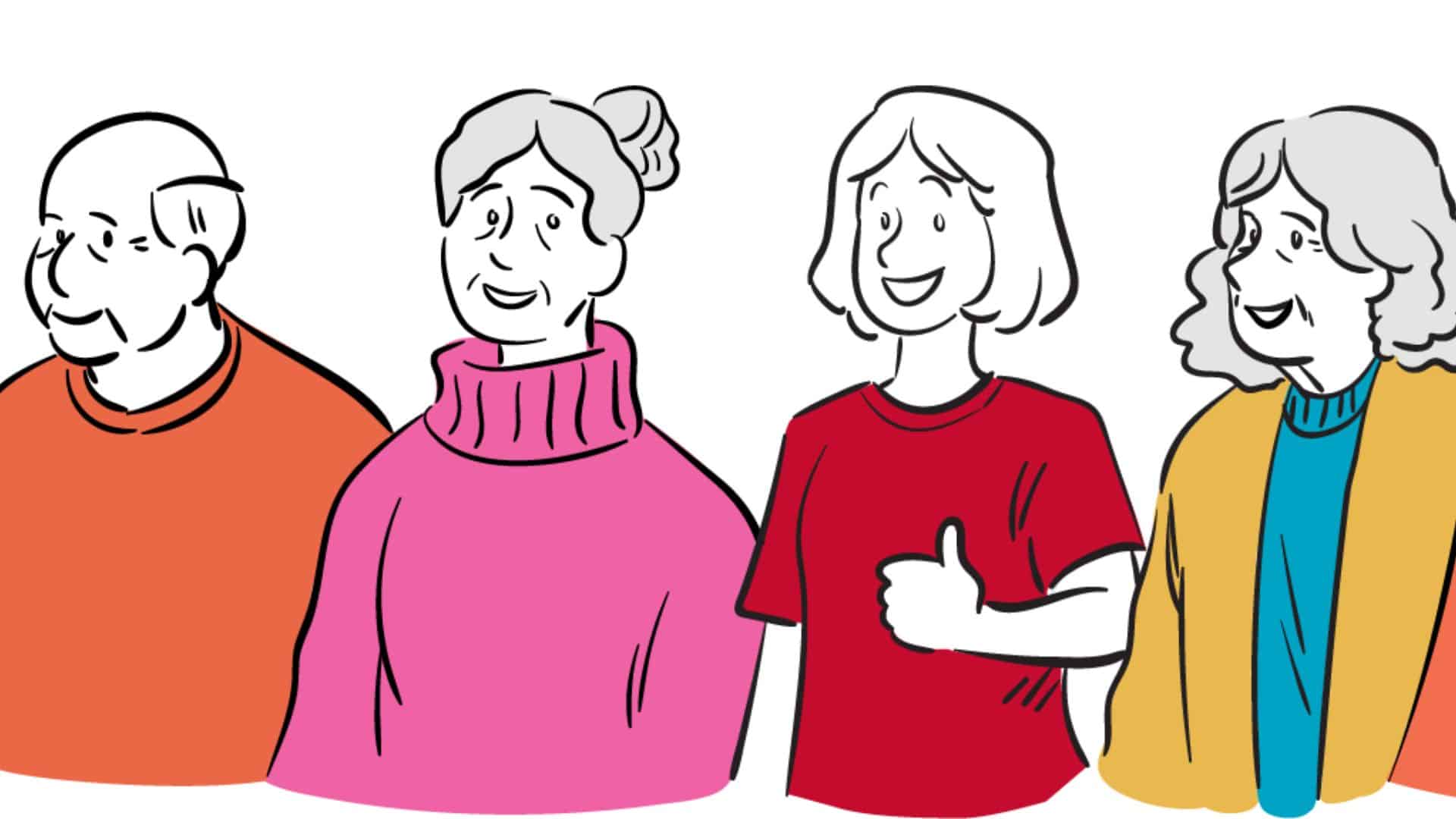 Kolme iloisen näköistä ja värikkäisiin vaatteisiin pukeutunutta ikäihmistä vierellään nuorempi henkilö, joka näyttää peukkua onnistumisen merkiksi.